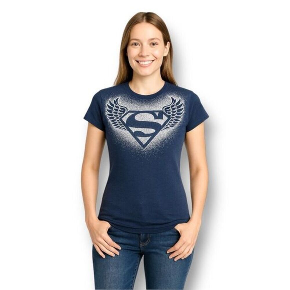 Supergirl S Navy Graphic Tee 100% Cotton Burnout‎ Glitter Y2K DC Comics Hero